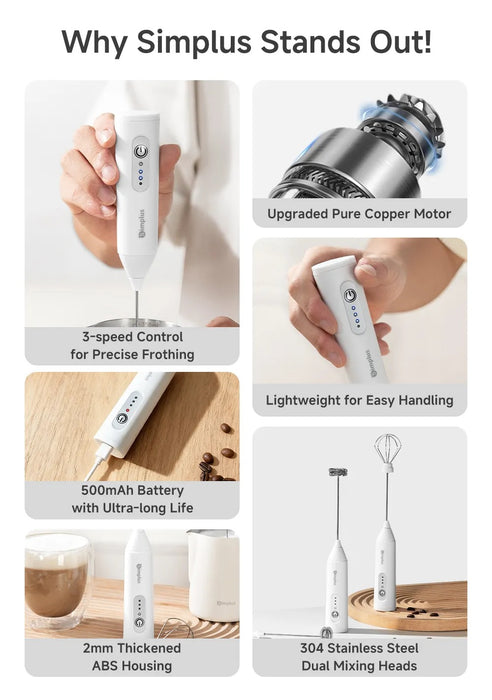 CORDLESS ELECTRIC MILK FROTHER 001 W/EGG WISK TIP WH USB