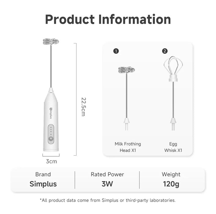 CORDLESS ELECTRIC MILK FROTHER 001 W/EGG WISK TIP WH USB